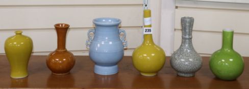 A group of six Chinese monochrome vases, three with marks tallest 22cm