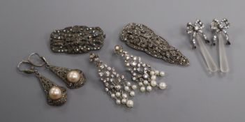 Two pairs of paste set earrings, one marcasite pair of earrings, a marcasite brooch and similar clip