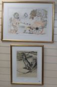 After Louis Wain, two ink and watercolour drawings, Cats punting and in a carriage largest 36 x