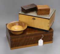 A Damascus and maple box and hardwood box and three other items