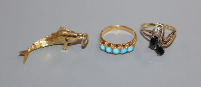 An 18ct and five stone turquoise half hoop ring, a 14k and gem set ring and and 18ct gold