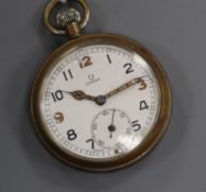 An Omega nickel? cased keyless open faced pocket watch, the case back inscribed 'G.S.T.P. F032340'