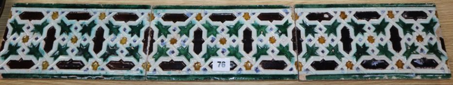 A Spanish triple tile panel overall length 82.5cm