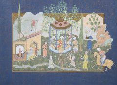 A Mughal style gouache on fabric painting of figures in a courtyard, 78 x 106cm