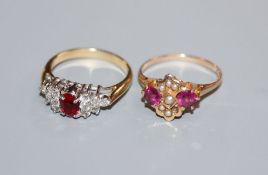 An early 20th century 10ct yellow metal, amethyst and seed pearl ring and one other ring.