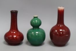Two Chinese flambe glazed vases and a green crackle glaze double gourd vase (3) Tallest piece