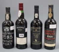 Three bottles of port including 1985 Real Velha 1985, Quinta do Noval 1966 and Fortnum and mason's
