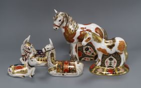 Five Royal Crown Derby paperweights: 'Llama', a Welsh Cob, an Epsom filly, 'Holly' donkey and