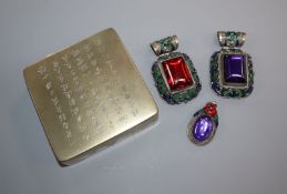 A Chinese paktong inscribed inkbox and paste jewellery