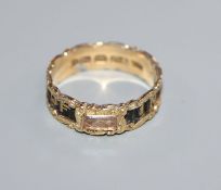 A Victorian 18ct gold, black enamel and plaited hair 'In Memory Of' mourning band, with inscription,