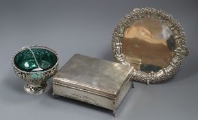 A George V Irish silver sugar basket, Dublin, 1918, a silver cigarette box and a silver salver.