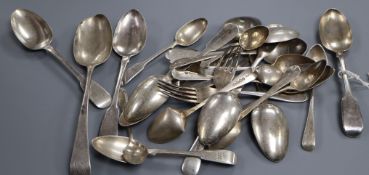 A small group of assorted 19th century and later silver flatware, mixed dates and makers, 24 oz.