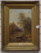 S J Johnson (19th/20th century), Autumnal scene with river and woods, monogrammed, label verso,