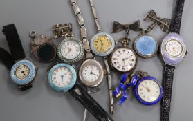 Nine assorted early 20th century white metal and enamel fob/wrist watches and a Victorian silver