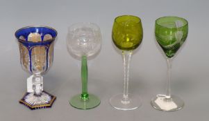 A 19th century Bohemian blue and gilt-decorated glass goblet on knopped stem and hexagonal foot