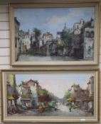 French School, 2 oils on canvas, Street scenes, indistinctly signed, largest 50 x 101cm