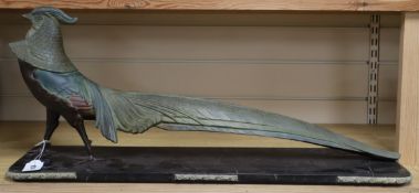 An Art Deco style spelter figure of pheasant, signed J. F. Pollet length 76cm