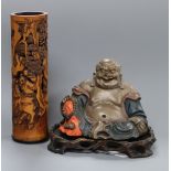 A Chinese bamboo perfume holder and a Chinese lacquer figure of Budai