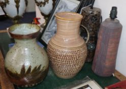 An Hannie Mein Studio pottery lamp and three other pieces