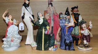 A Michael Sutty figure of Dietrich, four Royal Doulton porcelain figures and two others