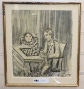 Trekkie Ritchie, charcoal drawing, Leonard Woolf playing draughts with his favourite pet marmoset,