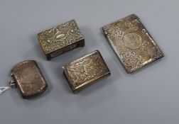 An Edwardian silver card case, two silver match sleeves and a silver vesta case.
