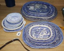 A quantity of blue and white transfer-printed Willow and Two Temples pattern tableware, including