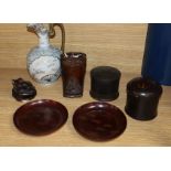 A 19th century lacquered holder, two pots & two dishes, and a 19th century Japanese Seto Arita