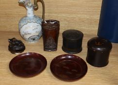 A 19th century lacquered holder, two pots & two dishes, and a 19th century Japanese Seto Arita