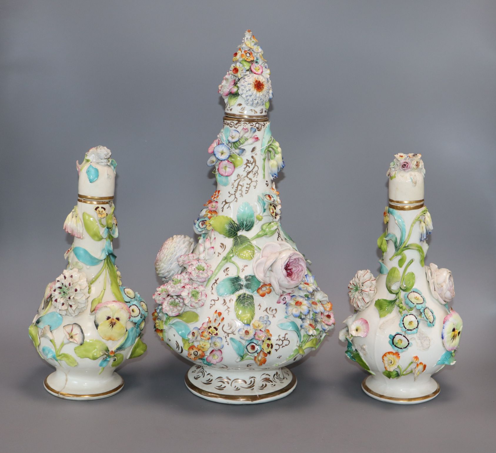 Three English porcelain flower encrusted scent bottles and covers, c. 1830-40, possibly - Image 2 of 11