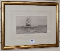 Rowland Langmaid, etching, 'Clipper ship off Lands End' signed in pencil, 19 x 32cm