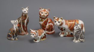 Six Royal Crown Derby cat and kitten paperweights