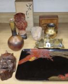 A quantity of Japanese and other collectables including lacquer tray, puzzle box and metalwares,