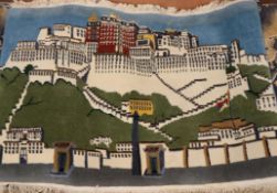 A modern Tibetan handwoven rug depicting Potala Palace, 93cm x 67cmProvenance - The Pestalozzi