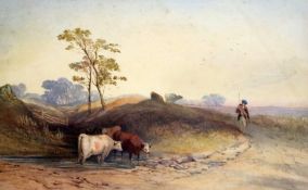 19th century English School, watercolour, Herdsmen with cattle watering in a Scottish landscape,