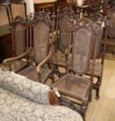 A set of eight William and Mary style oak, beech and canework high back dining chairs, two with