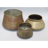 Three Persian engraved brass vessels