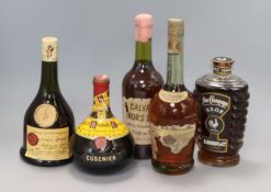 A boxed bottle of A. Hardy & Co VSOP cognac, a bottle of Grand Viel Armagnac, a bottle of Cusenier