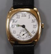 A gentleman's early 20th century 9ct gold Longines manual wind wrist watch, on later associated