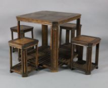 A Chinese jichimu and burr wood square table and four stools, 19th century W.73cm