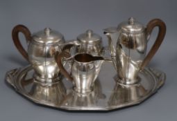 A four piece French silver plated tea and coffee set with matching tray tray length 52cm