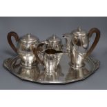 A four piece French silver plated tea and coffee set with matching tray tray length 52cm