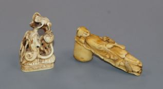 A Chinese ivory 'frog and lotus' seal and a Chinese ivory cane handle modelled as He Xiangu, 19th