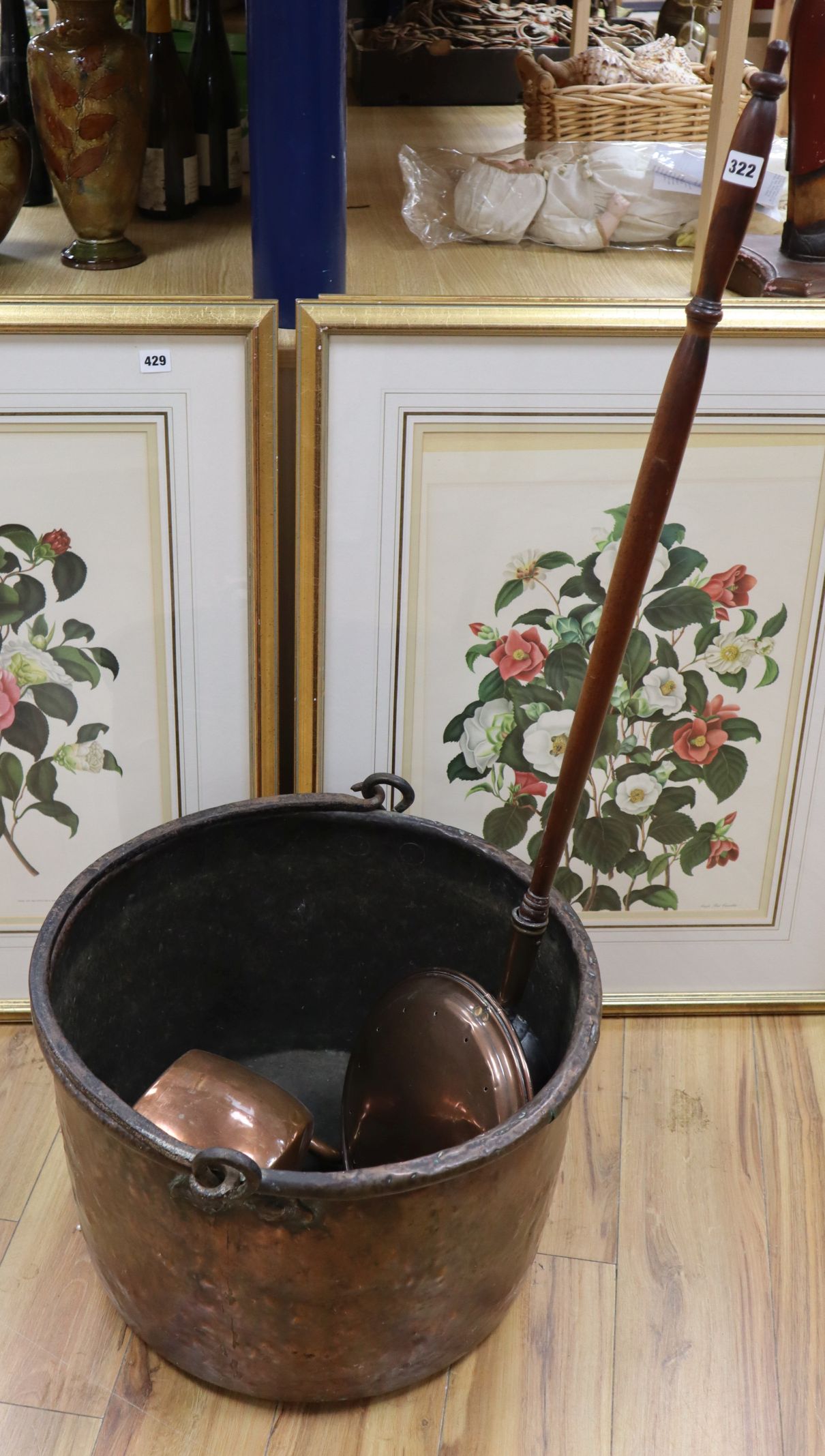 A Victorian copper log bin with wrought iron handle, a late Georgian copper kettle and a Victorian