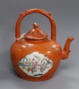 A Chinese coral ground famille rose teapot, late 19th century, H. 13cmProvenance - The present owner