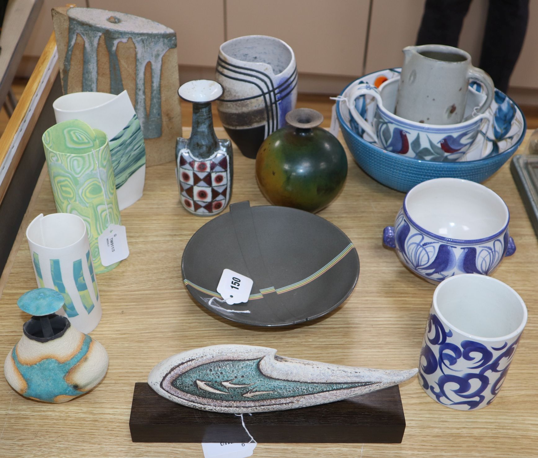 A collection of decorative studio and other pottery and porcelain, including a vase by Marianne de