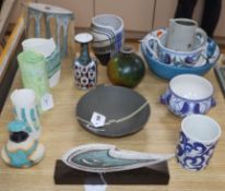 A collection of decorative studio and other pottery and porcelain, including a vase by Marianne de