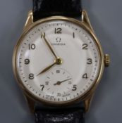 A gentleman's 1940's 9ct gold Omega manual wind wrist watch, movement c. 30 T2 PC, with engraved