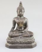 A Thai brown patinated bronze seated figure of Buddha H. 20.5cmProvenance - The Pestalozzi