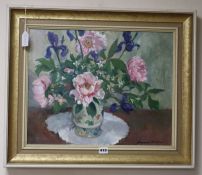 Howard Bowen, oil on canvas, Still life of peonies and irises in a vase, signed, 40 x 50cm